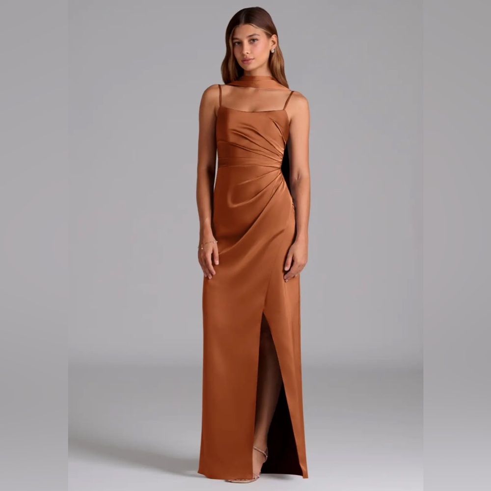 Azazie Calandra Copper A-Line Pleated Stretch Satin Dress - Picture 3 of 7